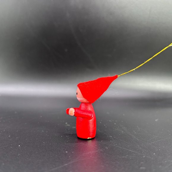 Gnome w/ Mustache & Hat Christmas Tree Ornament Red Wooden Hand Painted Taiwan - Picture 2 of 8